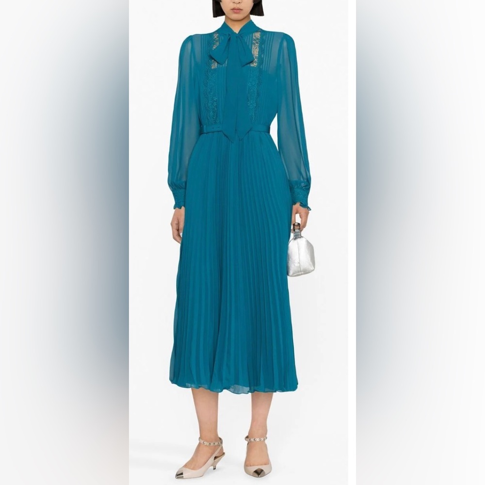 NWT Self Portrait Teal Chiffon Midi Dress